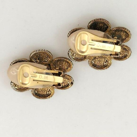 Vintage Blue Sodalite Flower Earrings Aurora Borealis Rhinestone Clip Estate DM - Picture 8 of 10